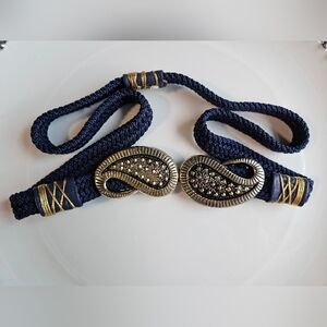 1970s 1980s Hang Belt Gold Paisley Clasp Buckle Navy Blue Braided Belt